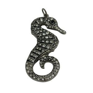 Vintage Silver Tone Pendant Seahorse White Crystals Rhinestones